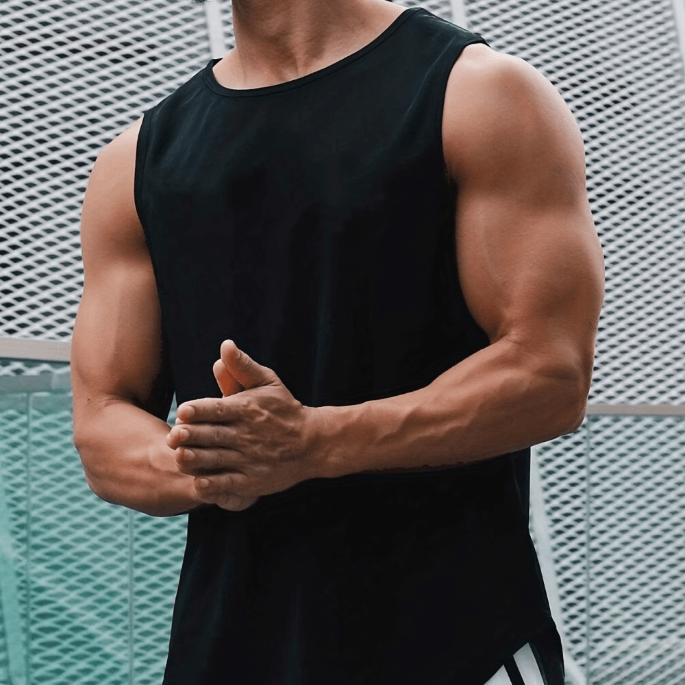 

Solid Color Casual Slightly Stretch Round Neck Tank Top, Men's Tank Top For Summer Outdoor Gym Workout