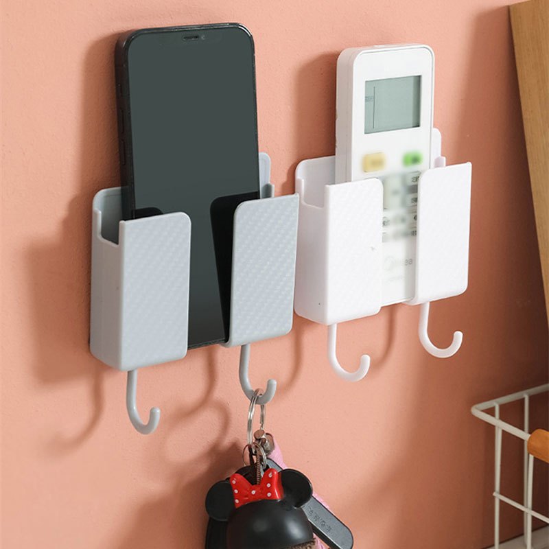  2 soportes para teléfono de montaje en pared con soporte  adhesivo 3M para teléfono con orificio de recepción de cable de datos, caja  de almacenamiento de control remoto para dormitorio, cocina
