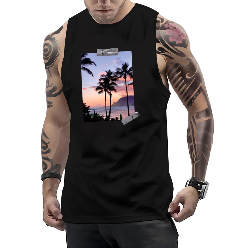 

Men’s A-shirt Tanks, Palm Trees Beach View Print Singlet, Sleeveless Tank Top, Lightweight Active Undershirts, For Workout At The Gym, Bodybuilding, And As Gifts