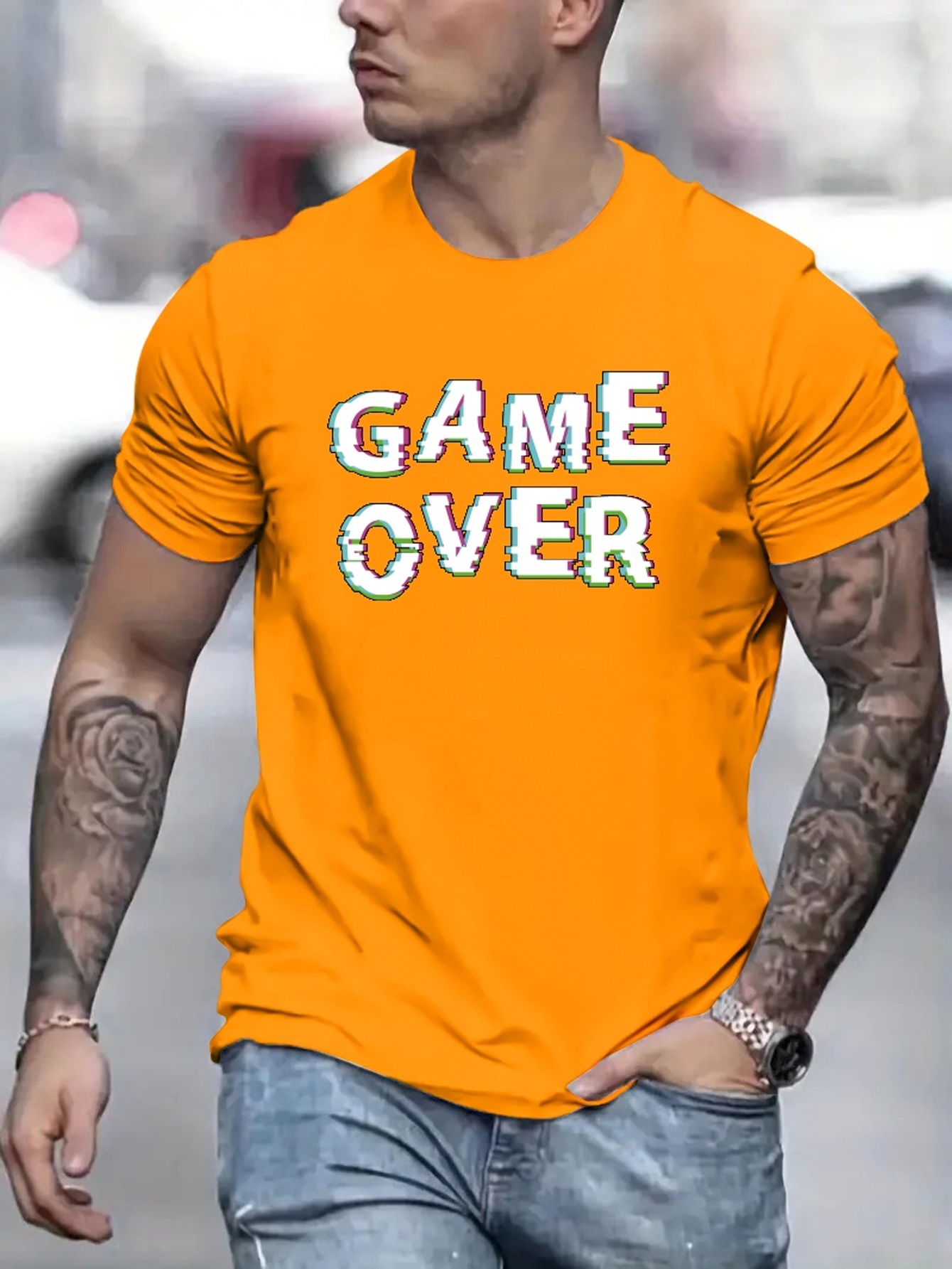 Next Level Game Over Pattern Print Mens Comfy Slightly Stretch T