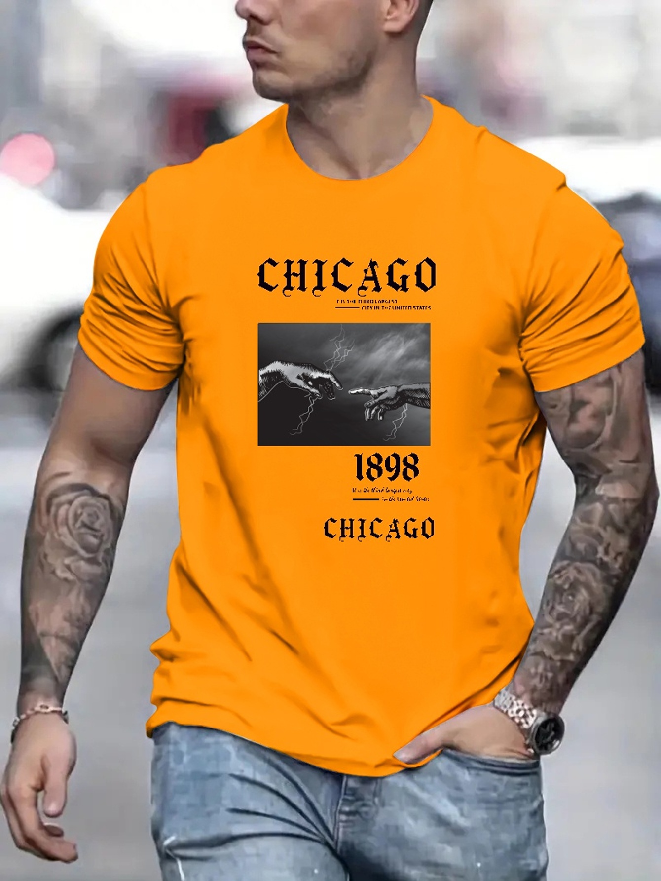 Chicago & Two Hands Print, Men's Graphic Design Crew Neck T-shirt, Casual  Comfy Tees Tshirts For Summer, Men's Clothing Tops - Temu