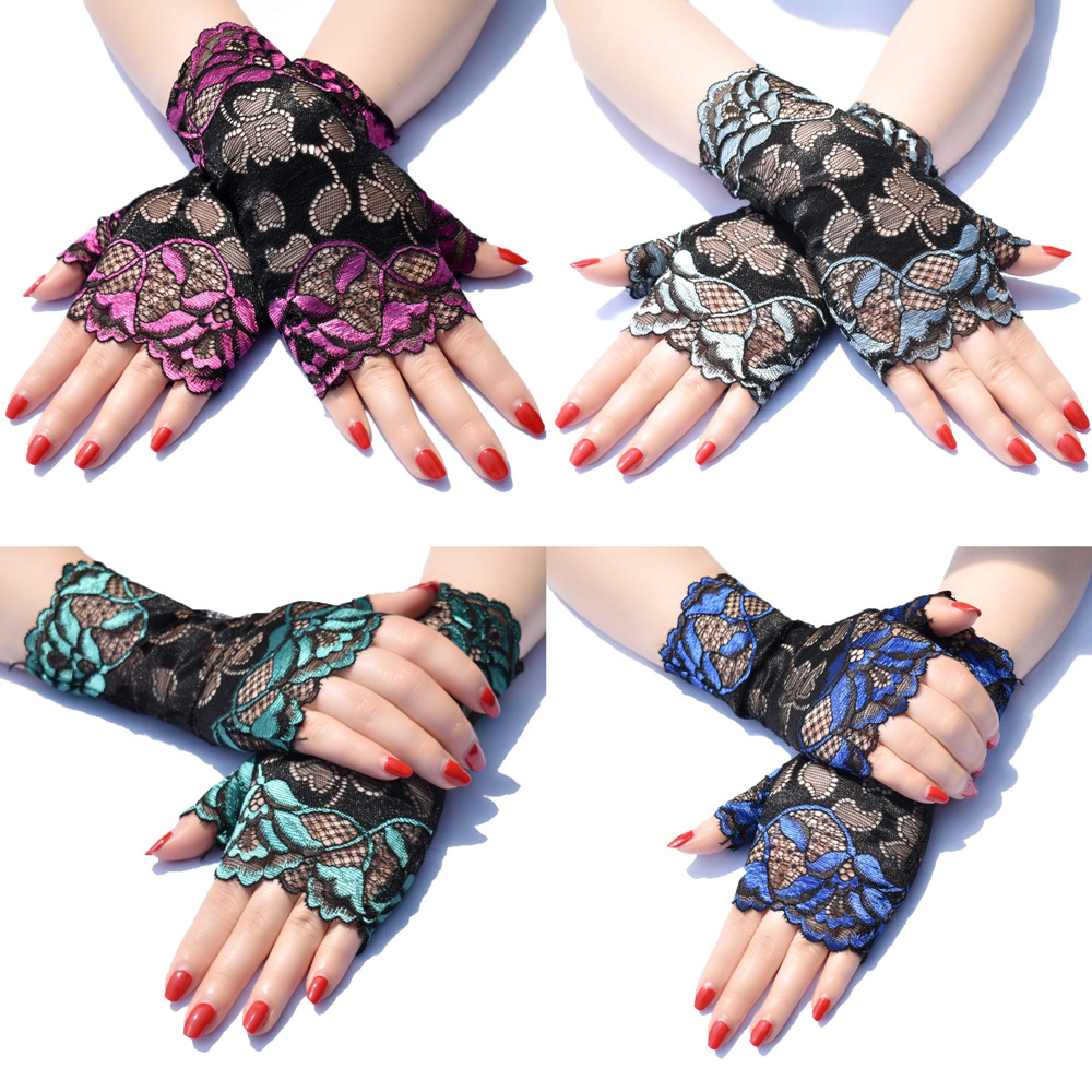6 Colors Women Short Lace Floral Fingerless Gloves Gothic Bride Wedding  Mittens