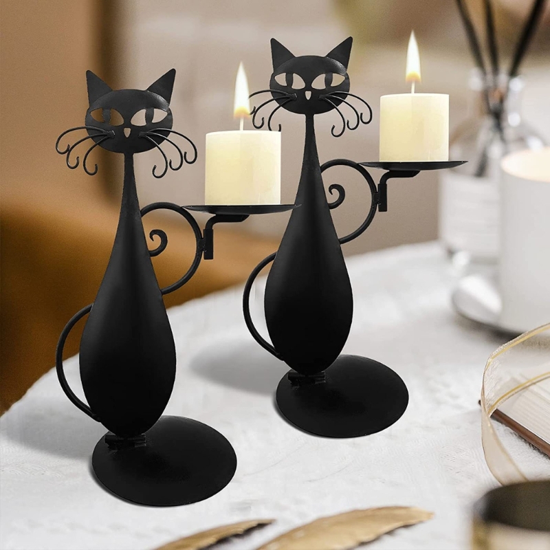 Halloween Gothic Cat And Wolf Gothic Candlestick Holder