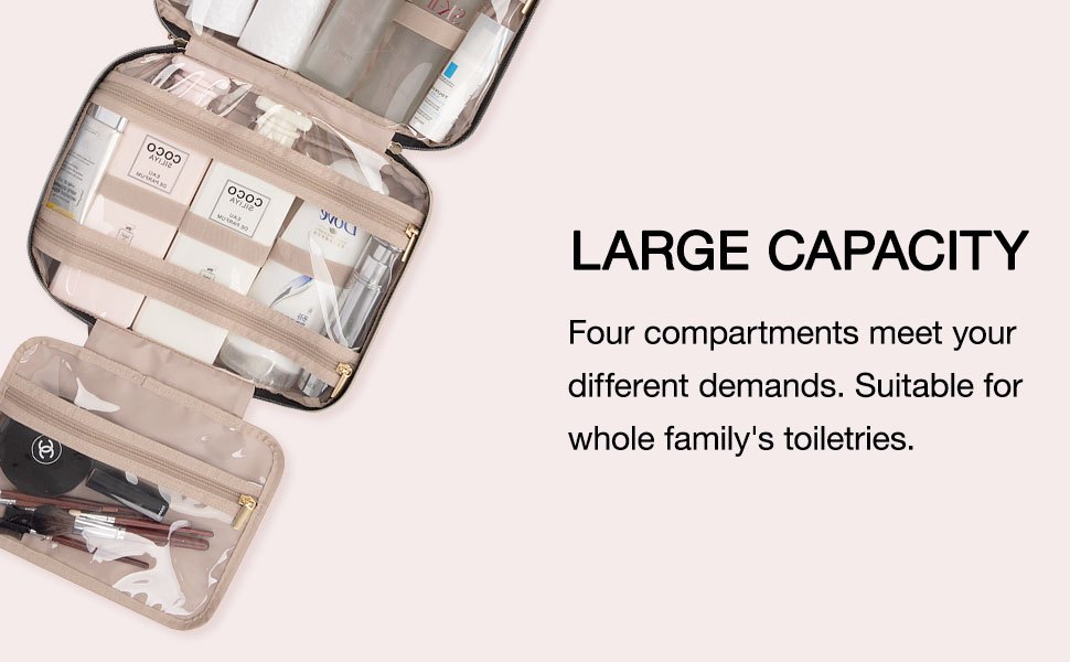 BAGSMART Neceser de viaje con gancho para colgar, bolsa de cosméticos de  maquillaje resistente al agua, organizador de viaje para accesorios,  champú