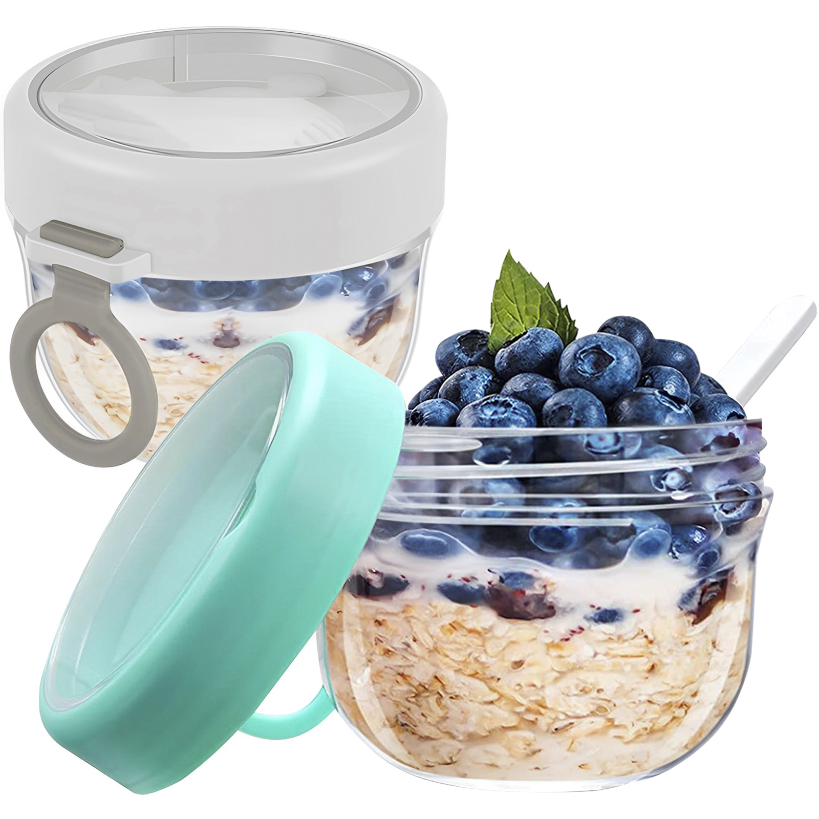 Overnight Oat Containers with Lids & Spoons 2PCS,Portable Plastic Yogurt  Jars,Leak-proof Dessert Cups for Yogurt Breakfast On The Go Cups,Oatmeal  Jars
