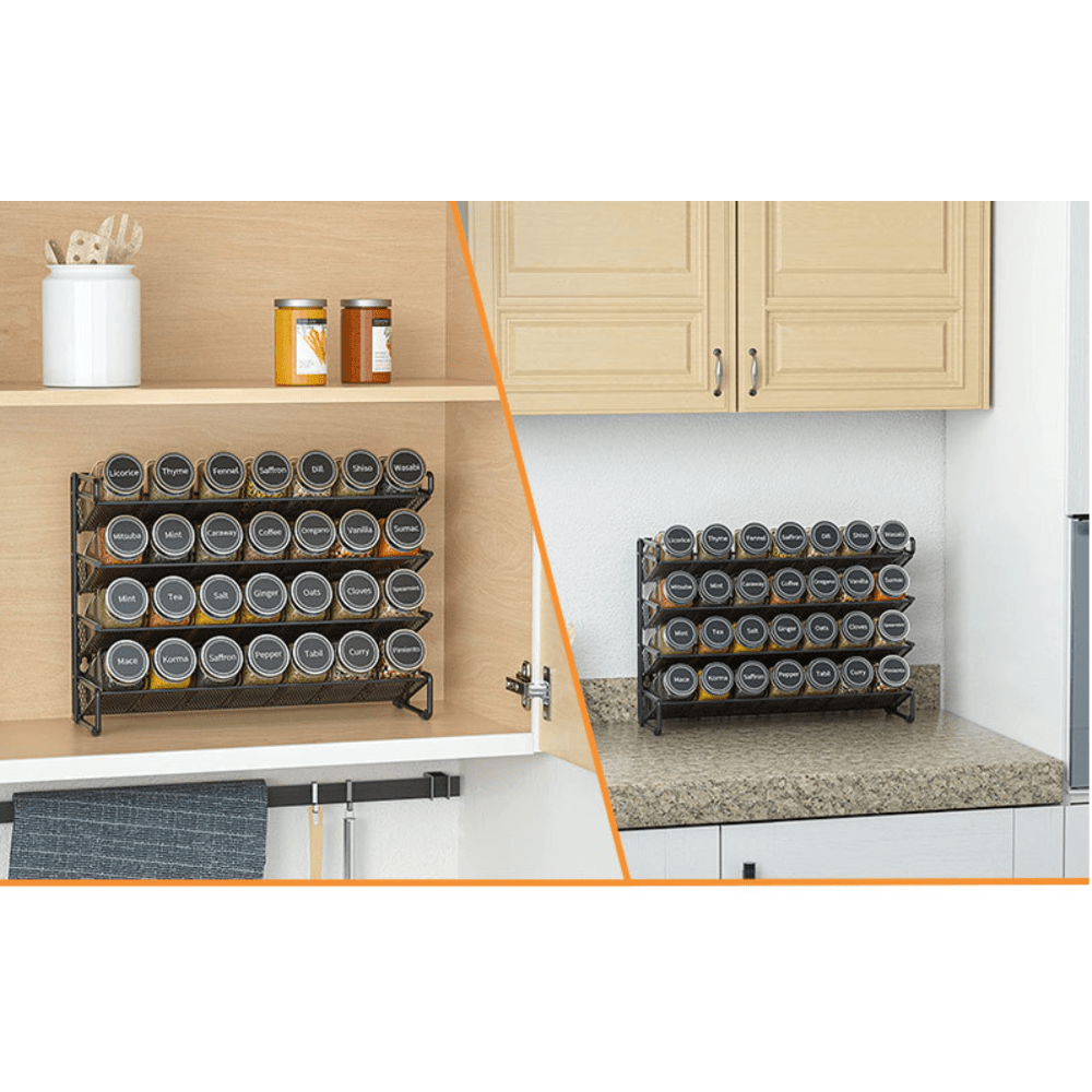 Vtopmart 4-Tier Spice Rack Organizer with 28 Empty Glass Jars and 432  Labels, Rust Resistant Iron, Black, Countertop, Cabinet, Kitchen, Pantry