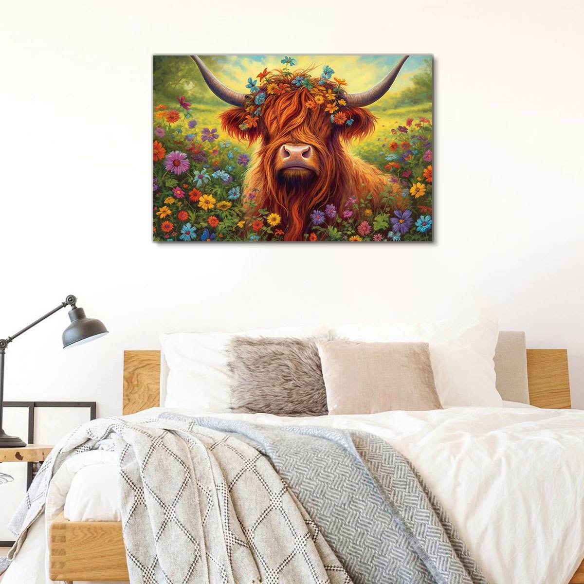 1ピース (11.8*17.7インチ) フレーム付き絵画 ハイランド牛と花