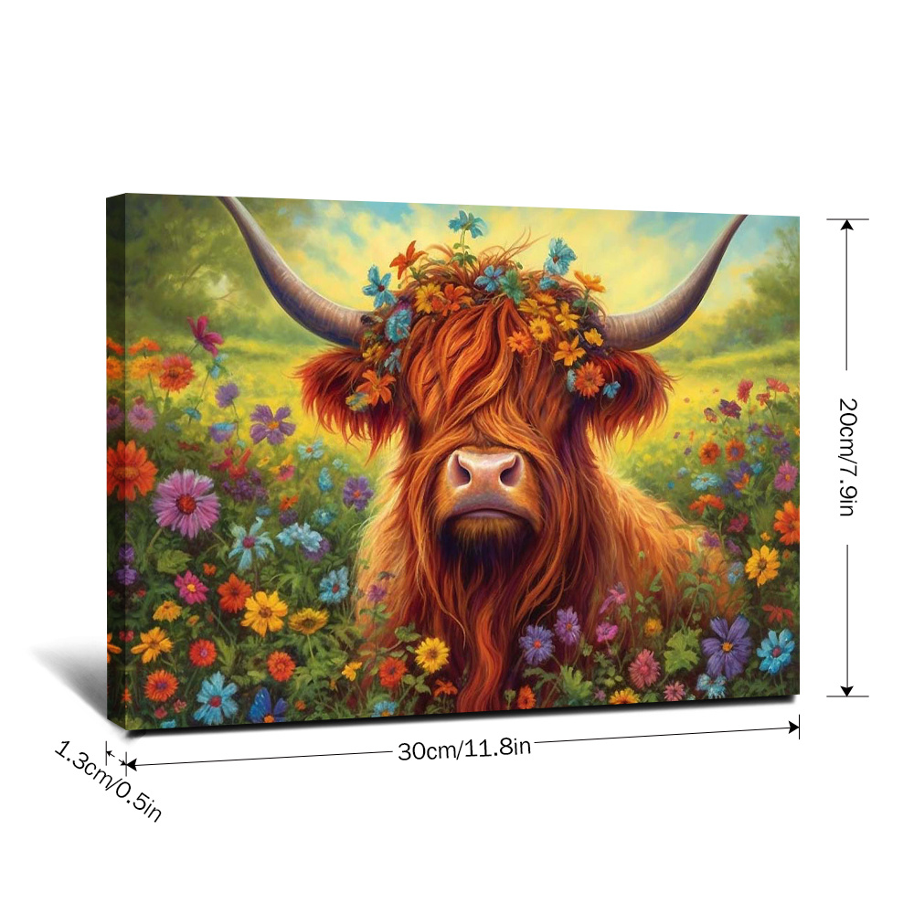 1ピース (11.8*17.7インチ) フレーム付き絵画 ハイランド牛と花