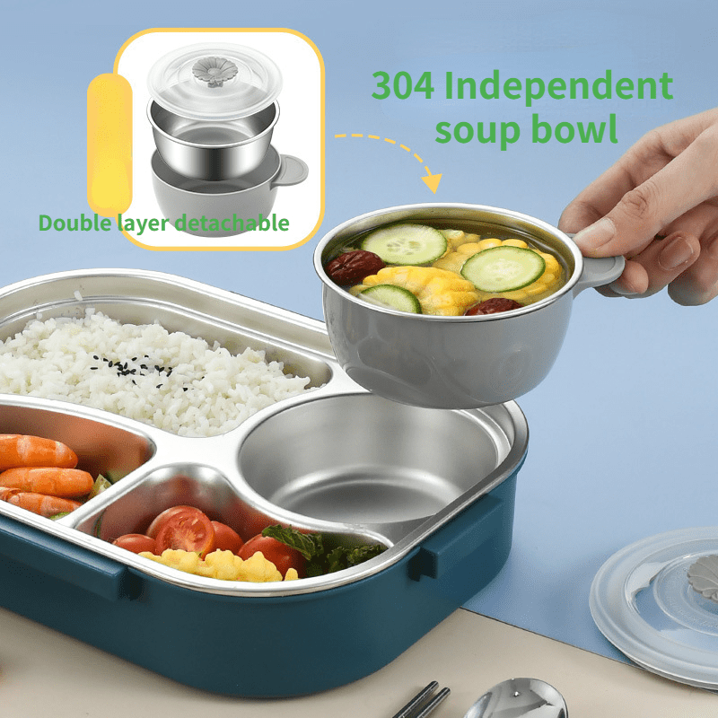 1pc Portable Round 304 Stainless Steel Lunch Box With Utensils