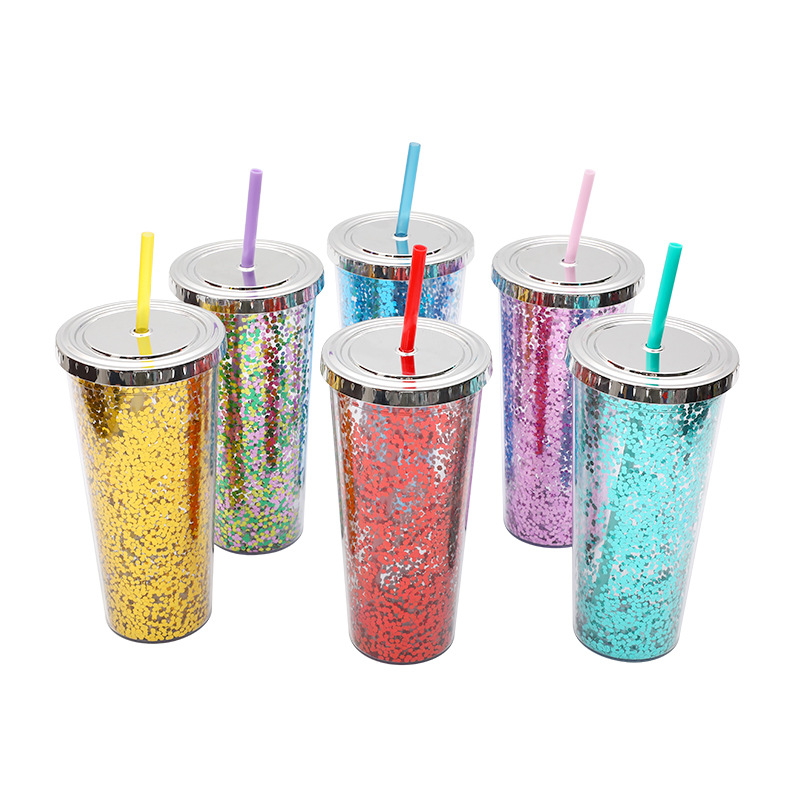 Sequin Tumbler With Straw Plastic Water Cups Double layer - Temu