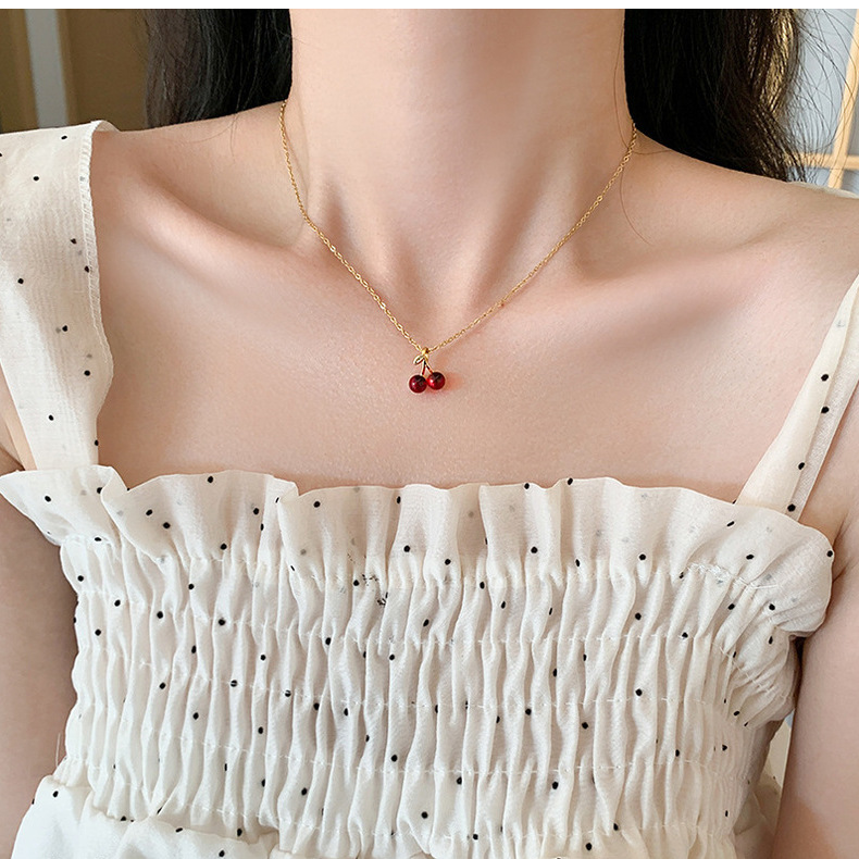 Japanese & Korean Cute Small Cherry Fruit Design Pendant Necklace