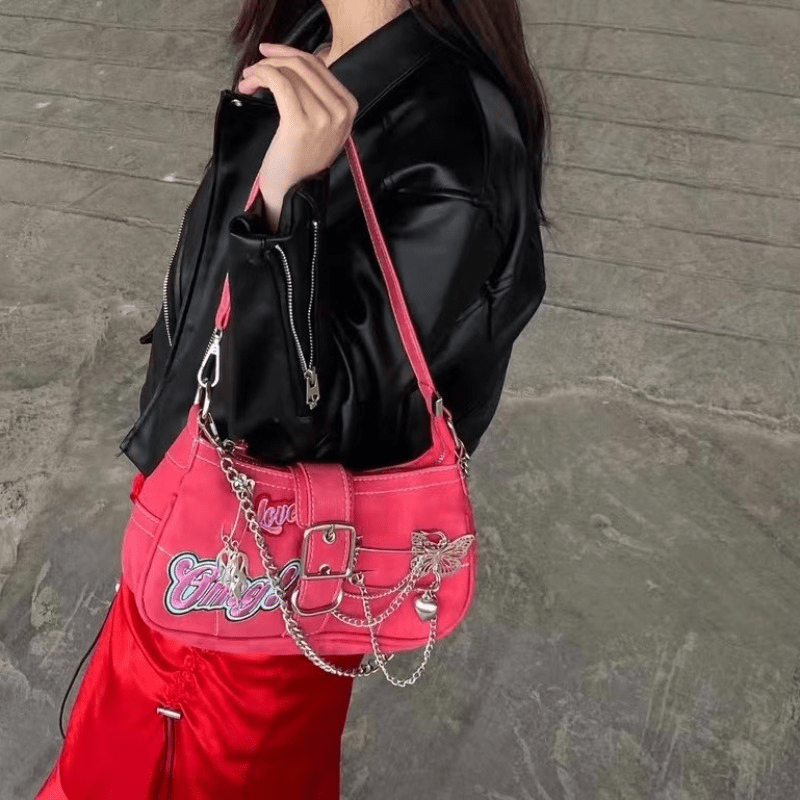 Vintage Y2K Shoulder Bags Women Cool Style Punk Spicy Girl Tote Pure Colour  Pu Leather Chain Shopping Underarm Bag For Ladies