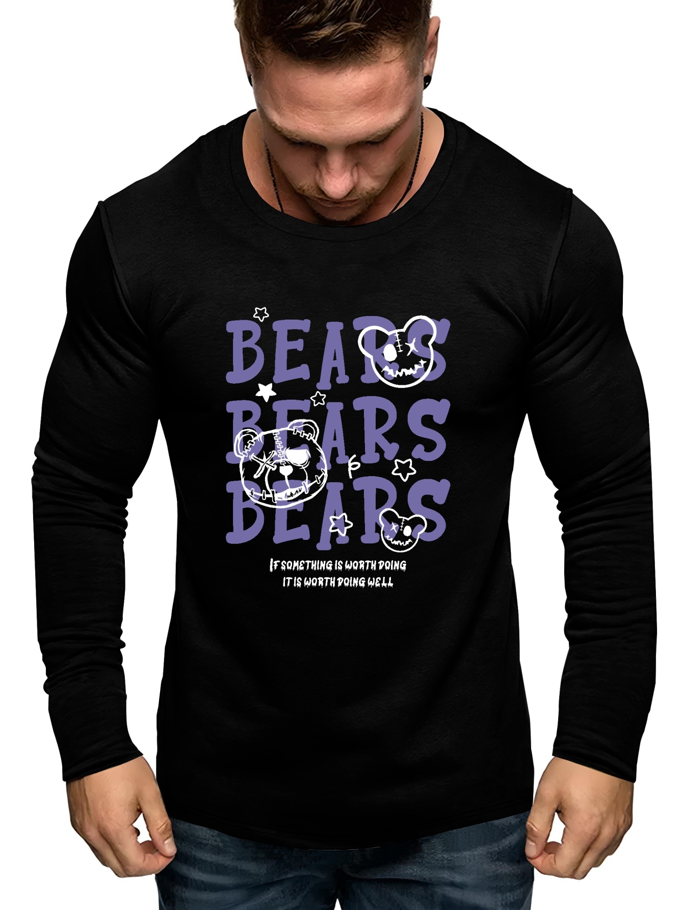 Bears X3 Print Long Sleeve T Shirts For Men Plus Size Stretchy