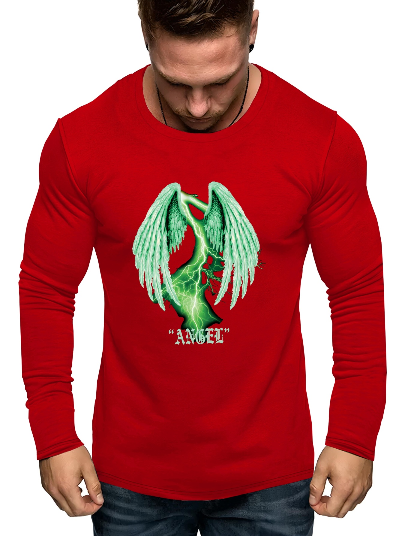 Angel Wings Print Long Sleeve T-shirts for Men, Plus Size Stretchy Graphic Tees for Summer Casual Daily Style,Casual,Temu