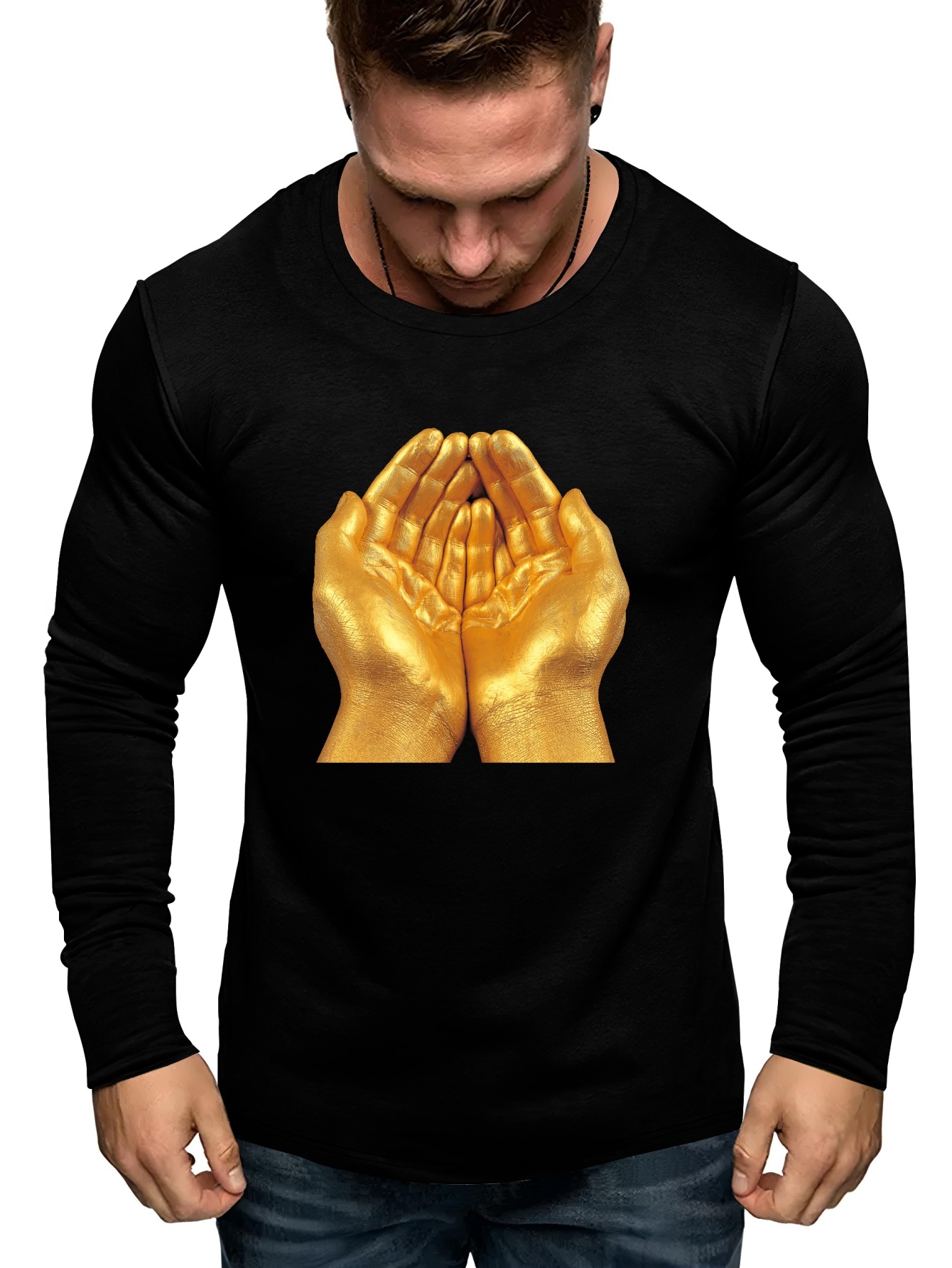 Close Hands Print Long Sleeve T shirts Men Plus Size - Temu