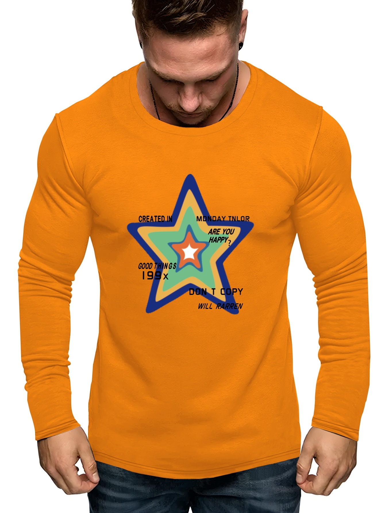 A Big Star Print Long Sleeve T-shirts For Men, Plus Size Stretchy