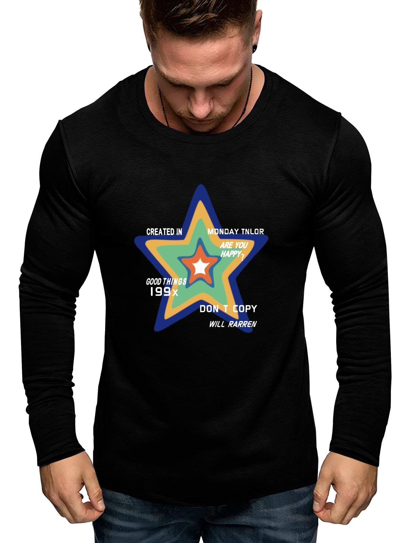 A Big Star Print Long Sleeve T-shirts For Men, Plus Size Stretchy