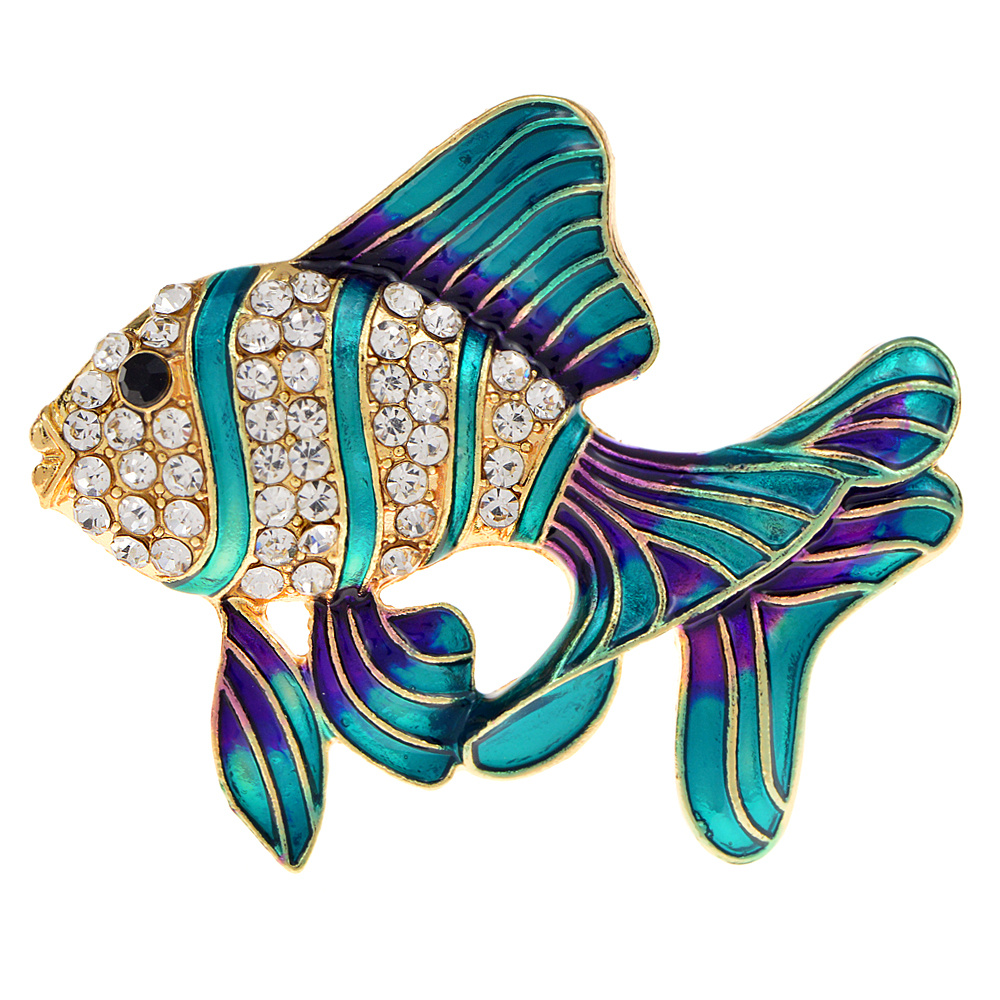 Crystal Fish Brooches Pin Women Alloy Shinny Rhinestone Goldfish Brooch Pin  Fashion Elegant for Party Dress Women Blue Jewelry