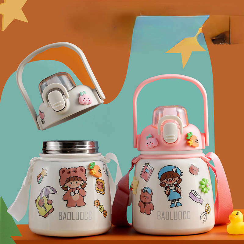 Cartoon Vacuum Cup With Straw And Strap Stainless Steel - Temu