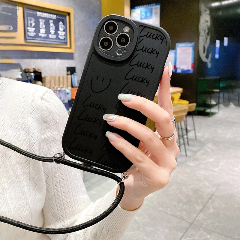 Lucky Graphic Phone Case With Lanyard For IPhone 14, 13, 12, 11 Pro Max, XS  Max, X, XR, 8, 7, 6s, Plus , Mini ,Black Pattern Anti-fall Silicon Phone