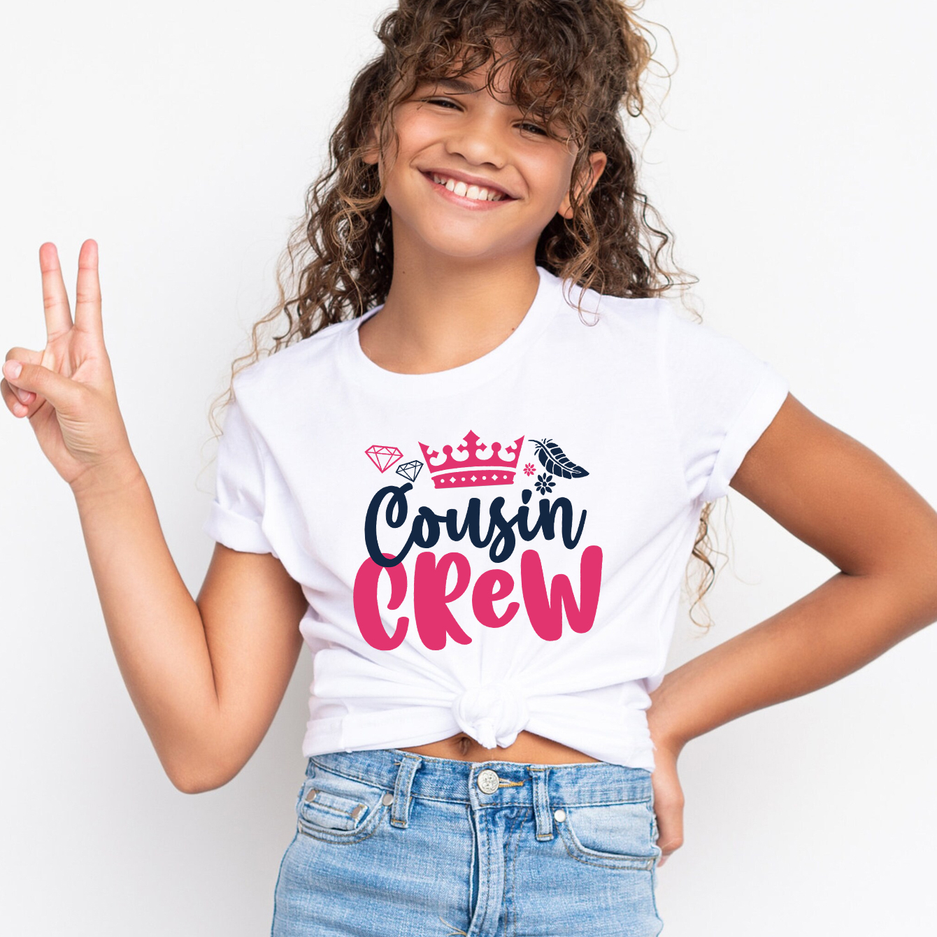 

Girls 'cousin Crew' Letter Graphic Print Cotton T-shirt Summer Casual Short Sleeve Crew Neck Top, Comfort Fit For Outwear