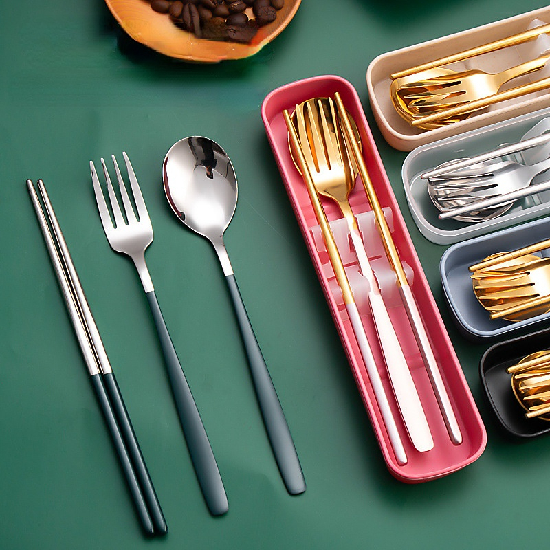 Set Of 3 304 Stainless Steel Chopsticks Spoon Fork Set Household Korean  Style Outdoor Cutlery - Home & Kitchen - Temu