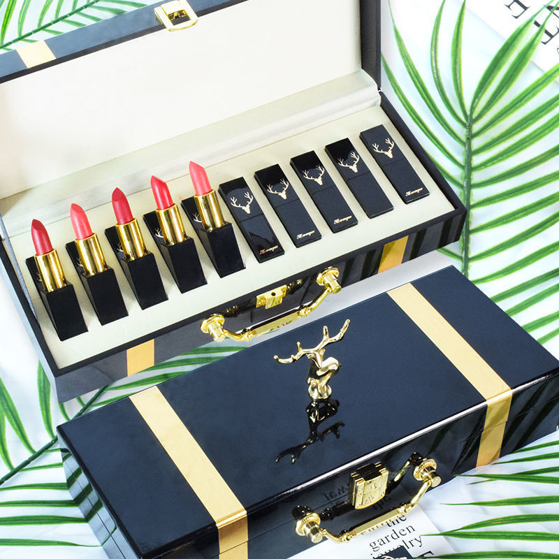 10-Piece Moisturizing Lipstick Set in Wooden Box - Nude Lip Gloss Collection