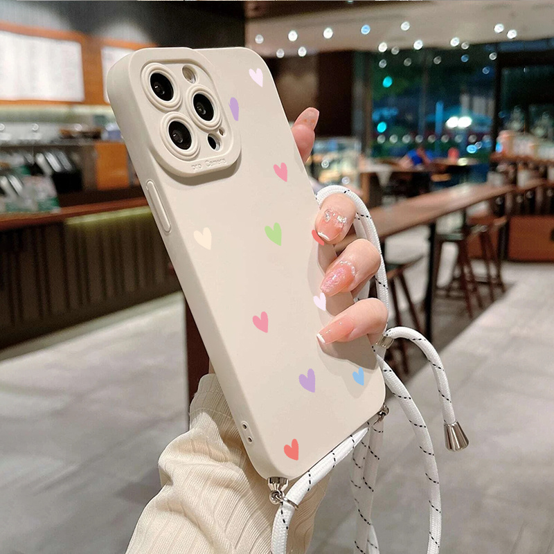

1pc Phone Case With Hearts Pattern Graphic With Lanyard Shockproof Compatible Bumper Phone Cases For Iphone 11 14 13 12 Pro Max Xr Xs 7 8 Plus