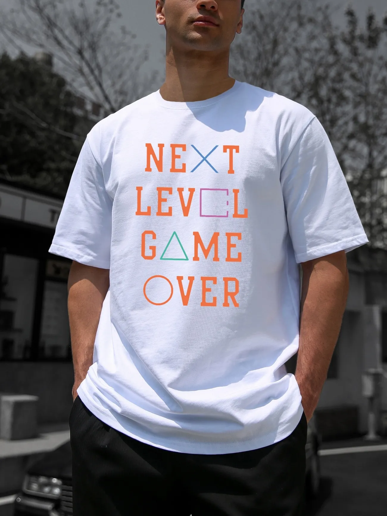 Next Level Game Over Pattern Print Mens Comfy Slightly Stretch T