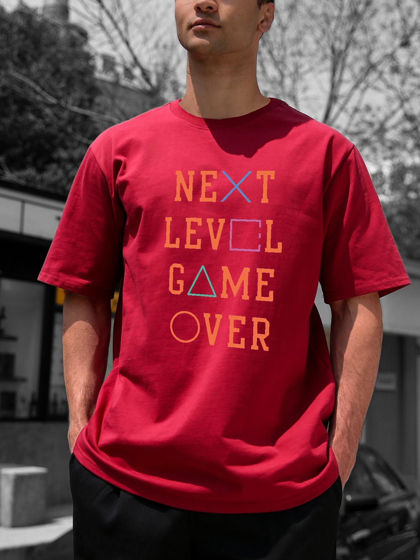 Next Level Game Over Pattern Print Mens Comfy Slightly Stretch T