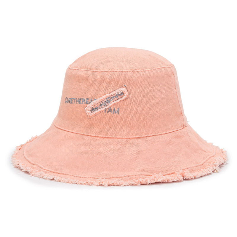 Women's Pink Wide Brim Fisherman Hat With Frayed Edge For Sun Protection  During Outdoor Activities In Summer