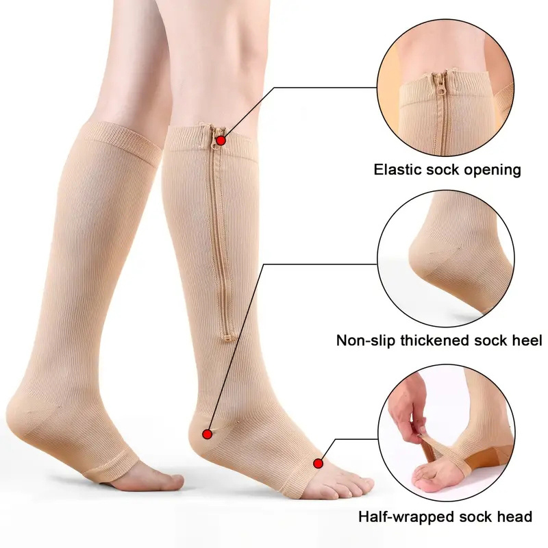  NURCOM Zipper Copper Compression Socks Open Toe Beige 20-30  mmHg Knee High Stockings, Designed for Circulation, Varicose Veins,  Swelling, Venous Insufficiency, Post-operative Recovery, 2X-Large : Health  & Household