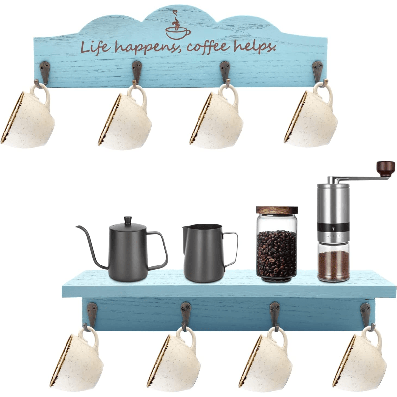 Ganchos para tazas de café con estante de almacenamiento, organizador de  tazas de café de granja, juego de 2 estantes de madera para tazas de té de