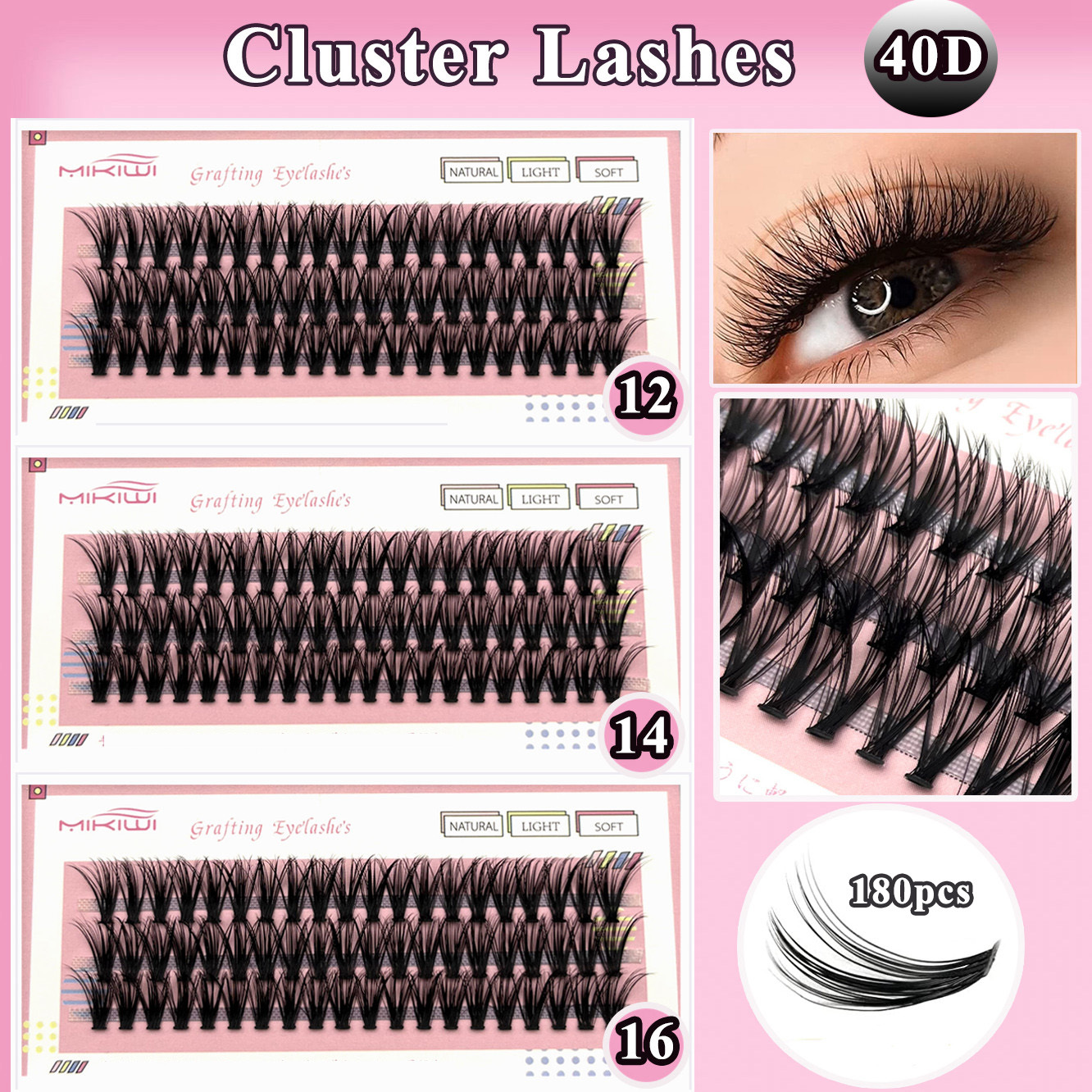 Mikiwi 180Pcs 40D C Curl Mix Cluster Lashes Individual Lashes