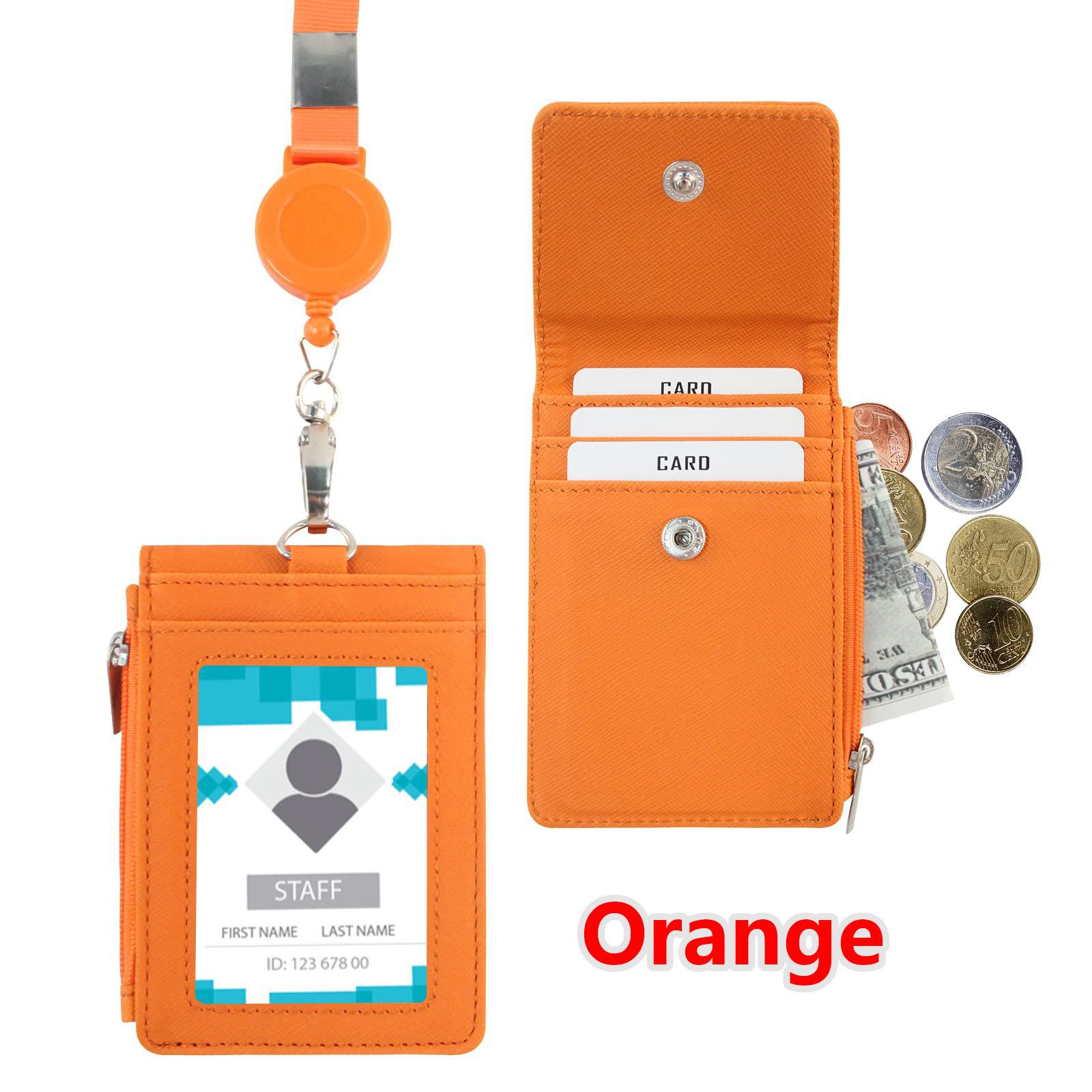  PU Leather Badge Holder with Zipper Pocket,with Retractable  Lanyard 1 Clear ID Window and 3 Card Slots for Office School