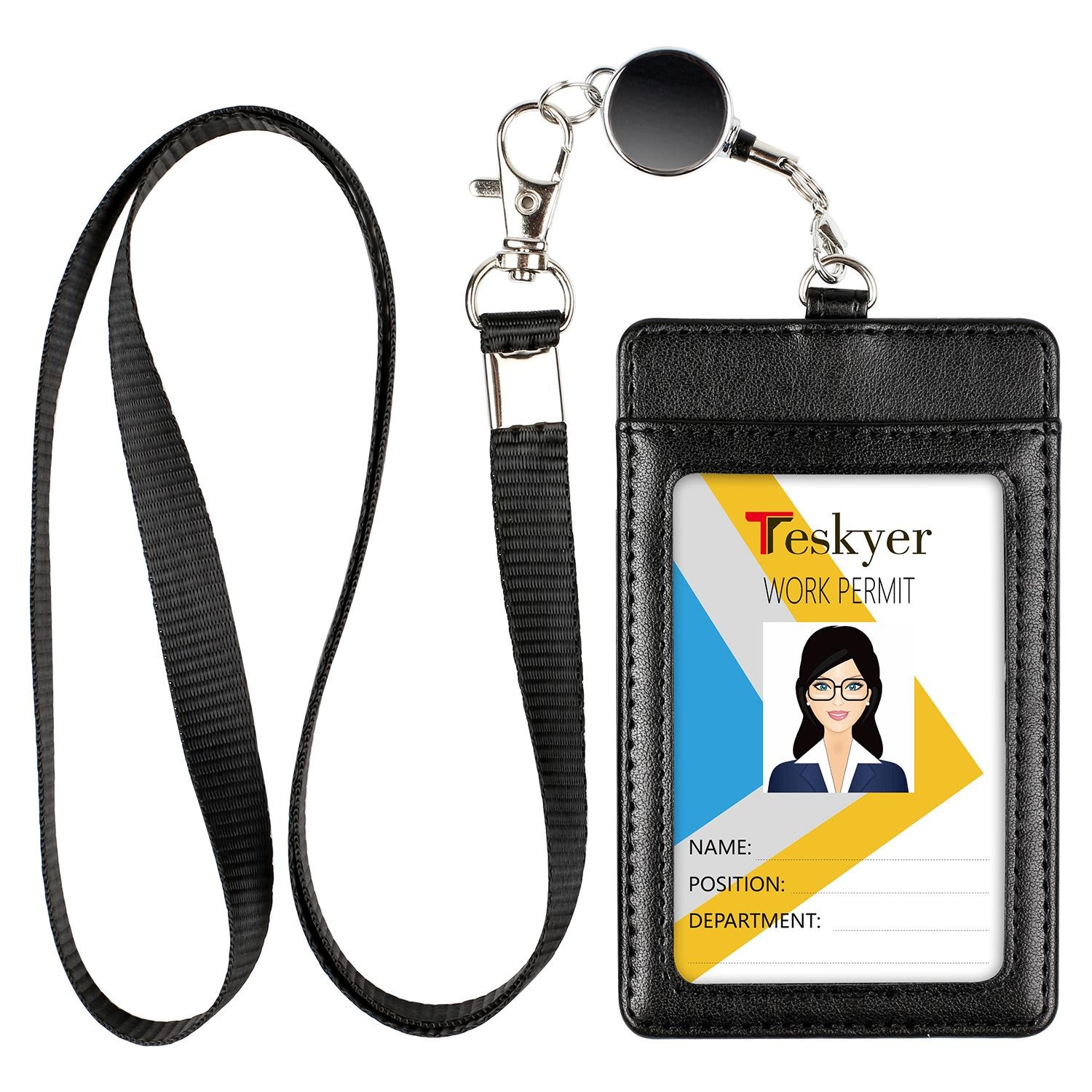 PU Leather Badge Holder with Retractable Lanyard ID Card Holder Name Tag  School Office Supplies
