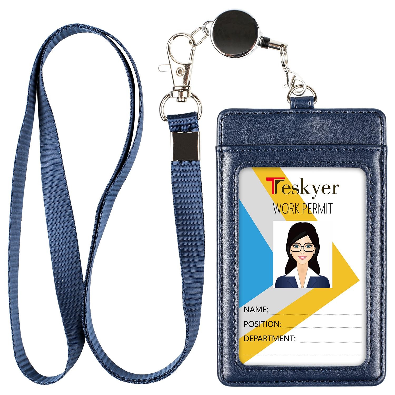 PU Leather Badge Holder with Retractable Lanyard ID Card Holder Name Tag  Case