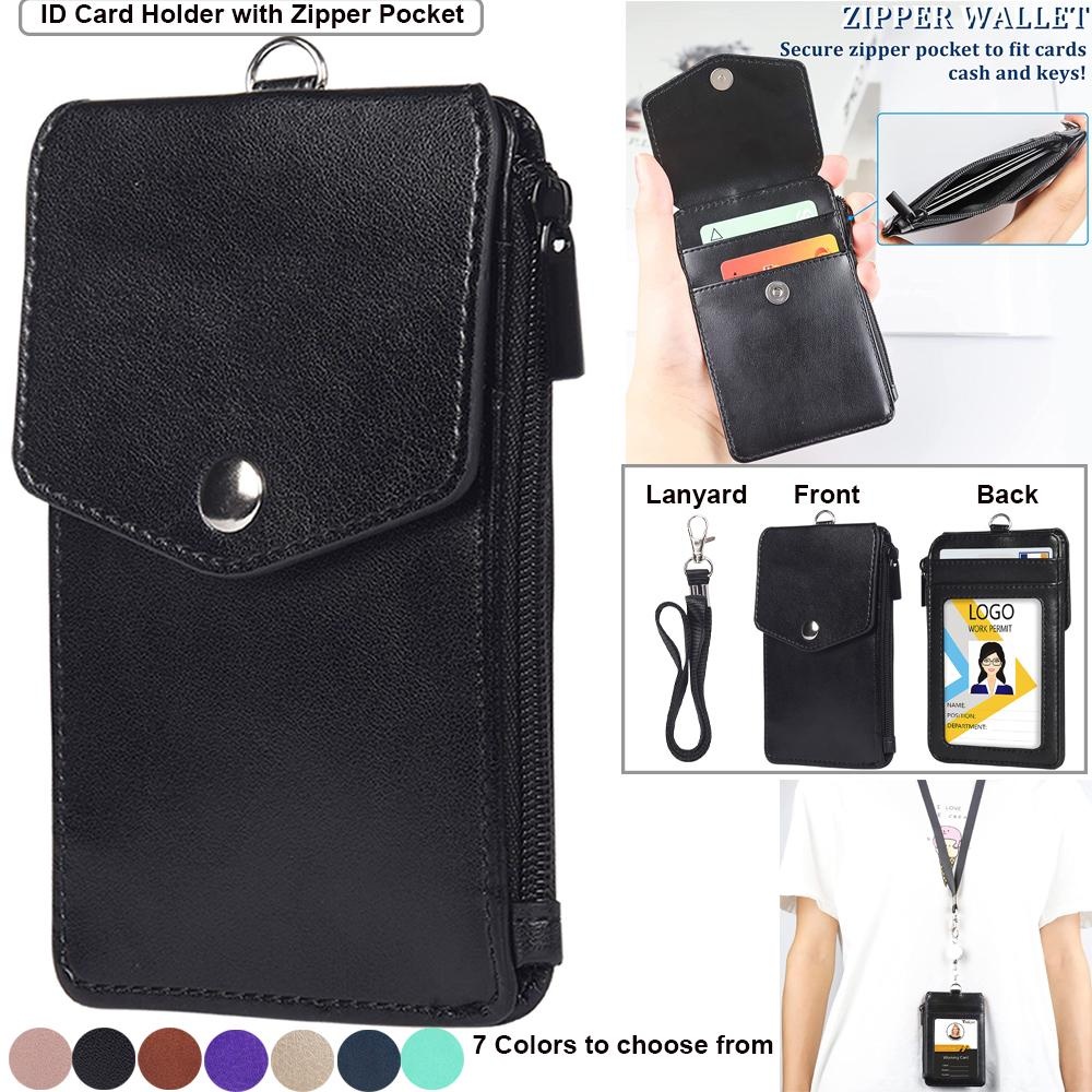 Leather ID Badge Card Holder Wallet with 5 Card Slots, Zipper and