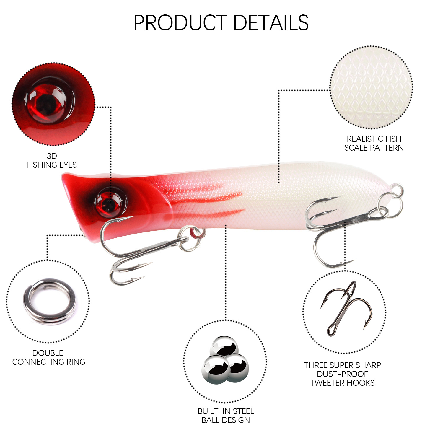 design a high-performance top water popper lure specifically for saltwater  surf fishing. the lure should be optimized to attract and entice aggressive  saltwater game fish. provide a detailed description of the lure's