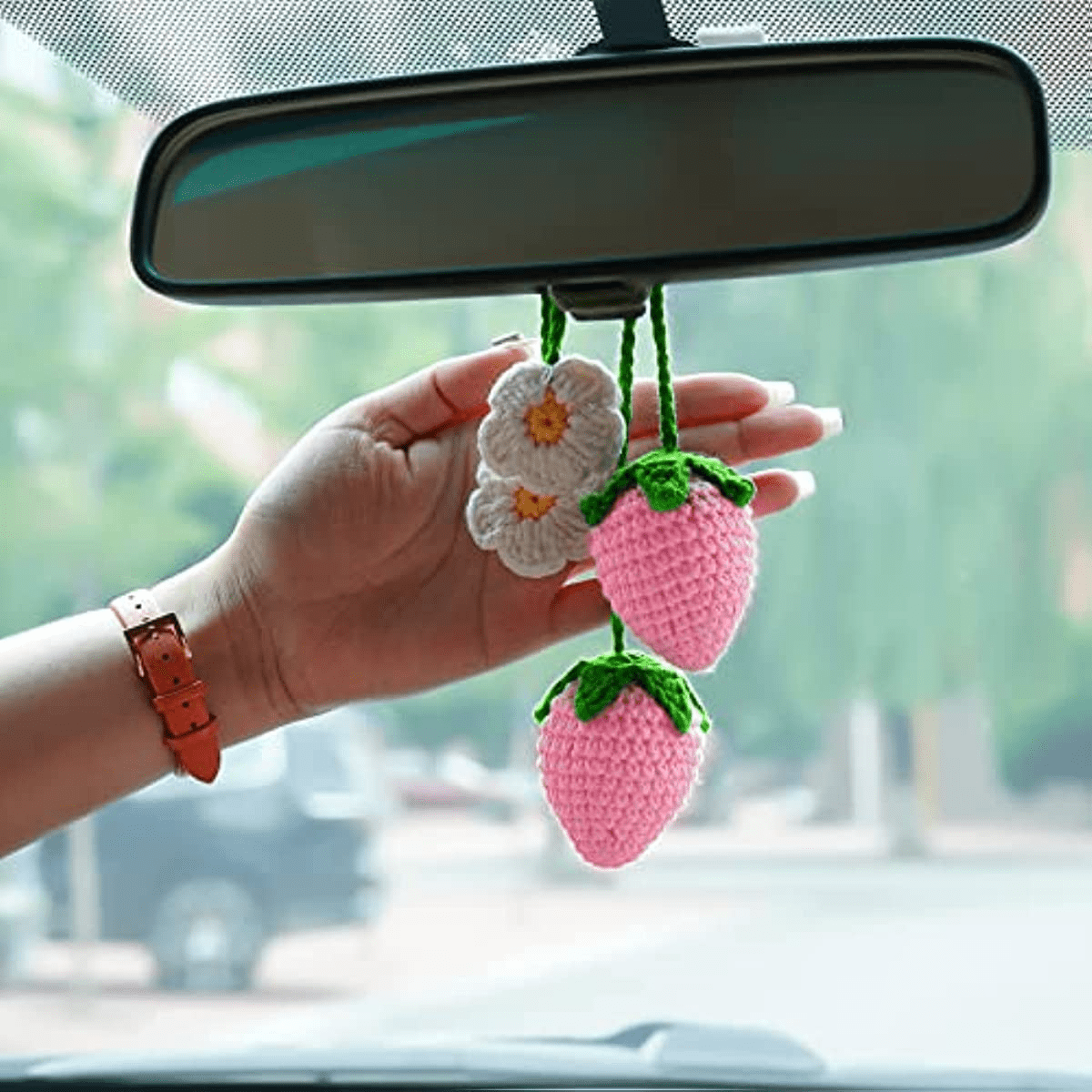 Cute Strawberry Crochet Car Mirror Hanging Accessories Decor
