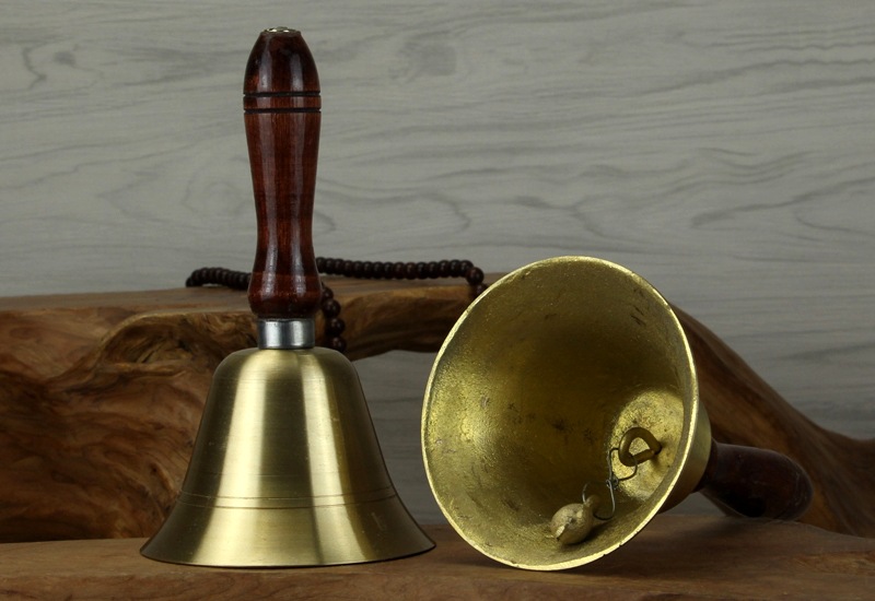 Vintage Hand Held Brass School Bell Wooden Handle