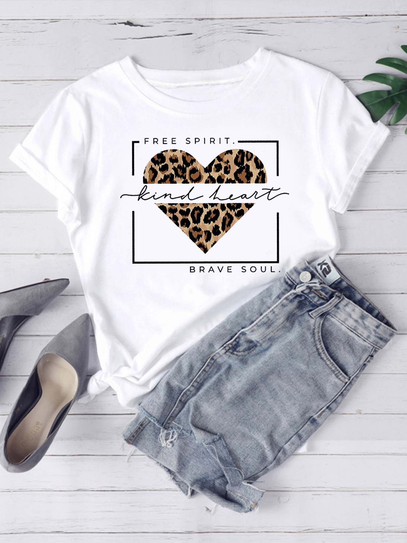 Plus Size Casual T shirt Women's Plus Leopard Heart Letter - Temu