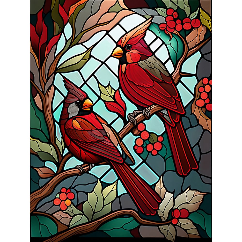 Round Diamond Painting Stained Glass Cardinal Picture 5d Diy - Temu