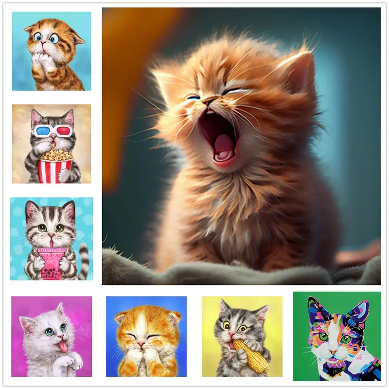 Handmade 5d Diamond Painting Kit Cute Cat Animal Wall Art - Temu