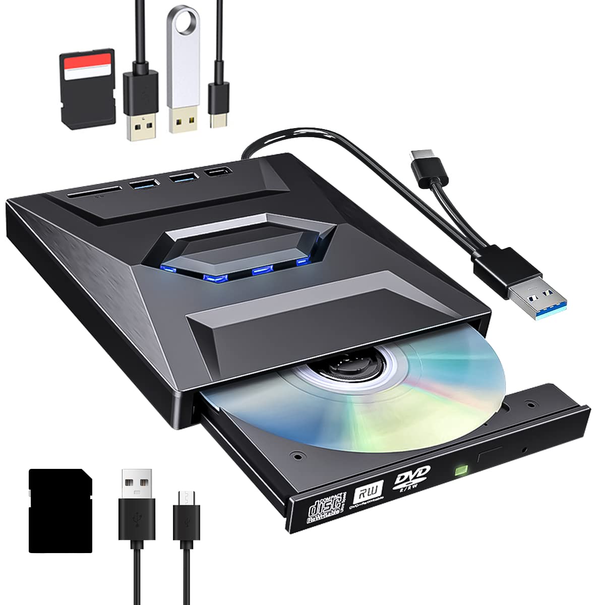 External DVD Drive For Laptop USB 3.0 Type-C Portable CD/DVD Optical Drive  Player Writer CD Burner With 2 USB 3.0 Ports, Type C Port SD Card Reader Fo