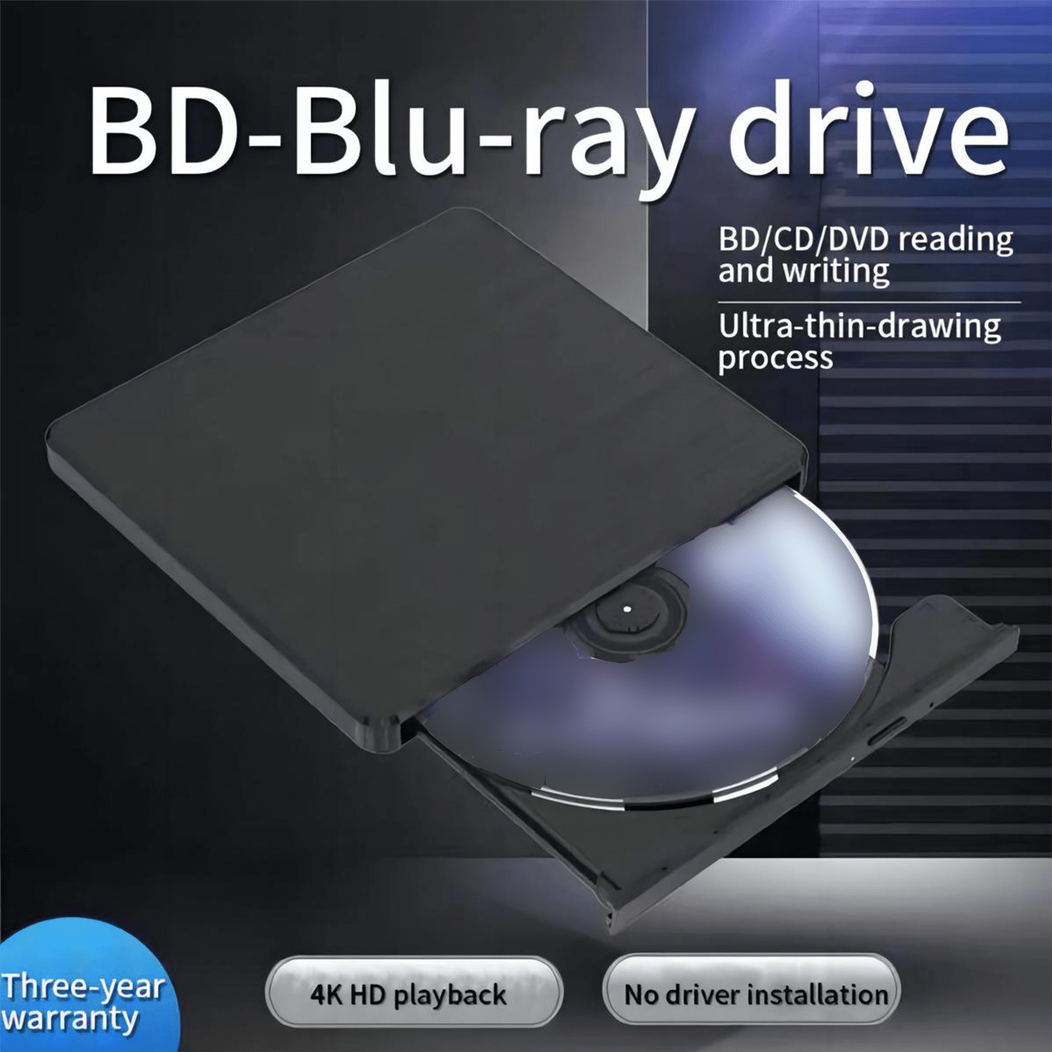 Lecteur de disque Blu-ray externe ultra fin 4K UHD 3D USB Type-A & Type