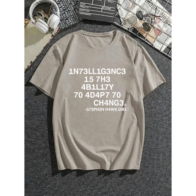 

intelligence Is The Ability To Adapt To Change" Print Short Sleeve T-shirts For Men, Plus Size Stretchy Graphic Tees For Summer Casual Daily Style