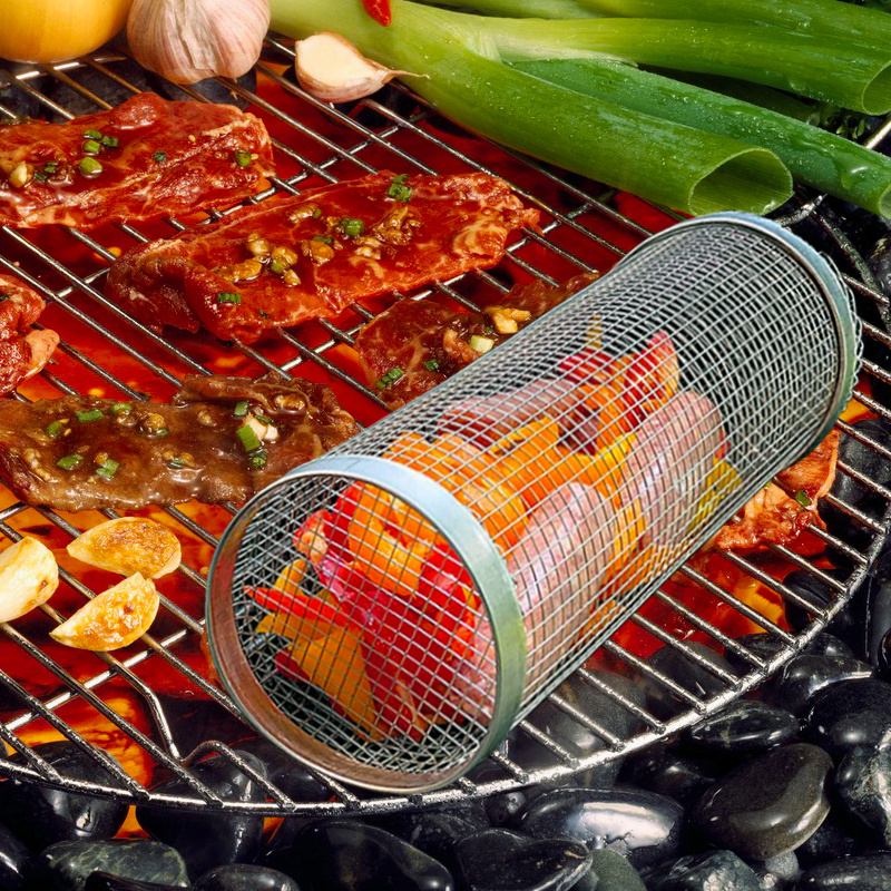 1pc, Stainless Steel Grill Basket, Smoker Cage, Barbecue Cooking Grill  Grate, Portable Barbecue Net, Rotating Drum Barbecue Cage, Barbecue Rack,  Grill