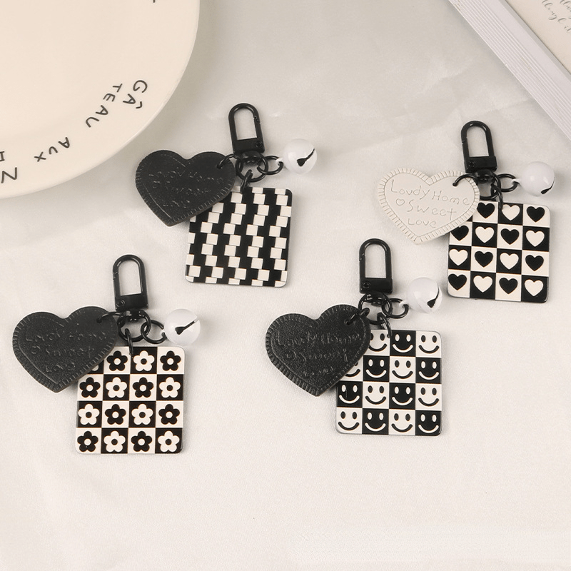 Creative Leather Checkered Stripe Acrylic Keychain Black White