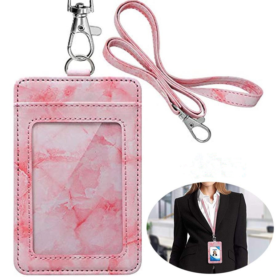 Fashion Leather Badge Holder Business Card Case for Women Marble Style  Designer Luxury ID Card Holders with Retractable Lanyard